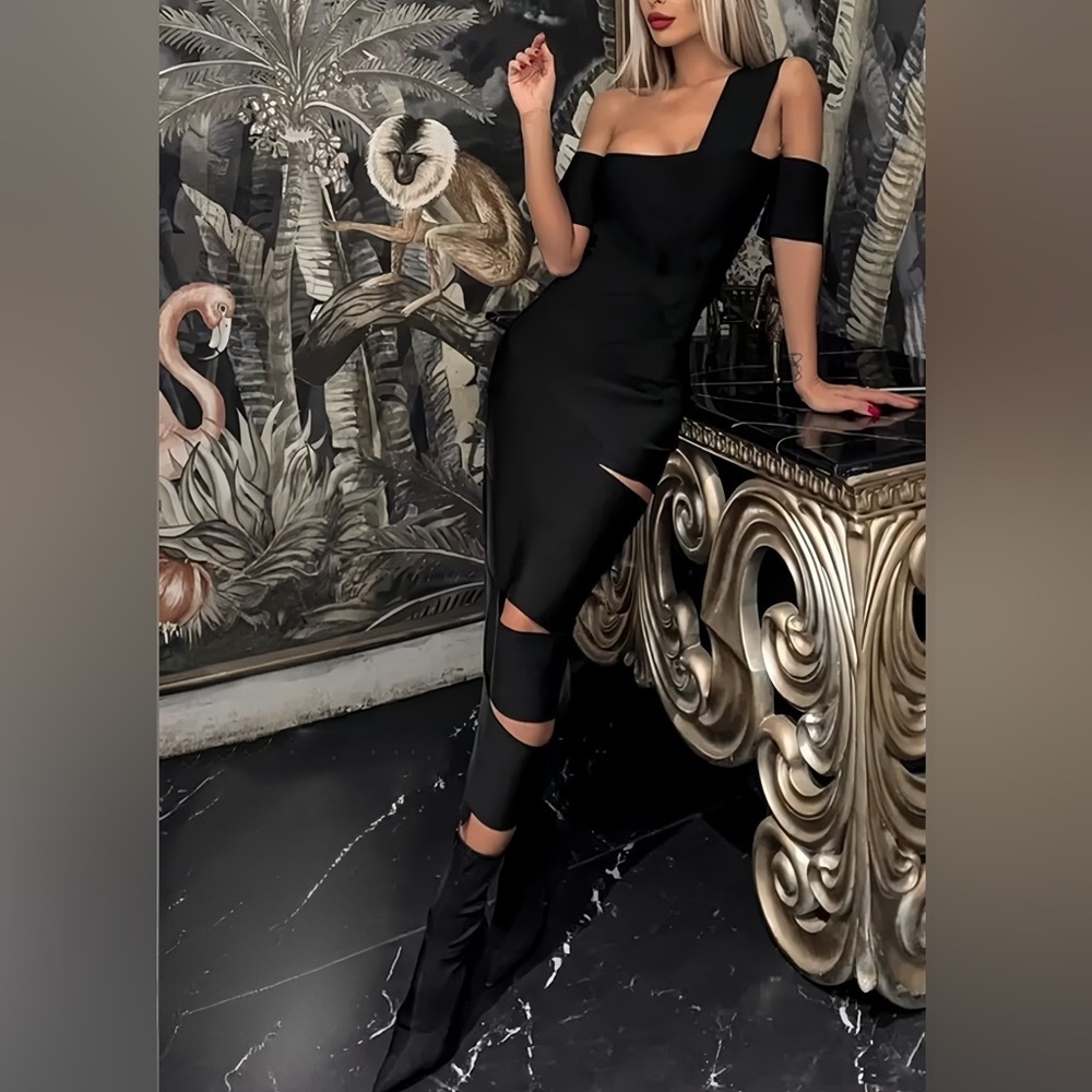 Elegant One Shoulder Slash Black Bandage Cocktail Party Dress